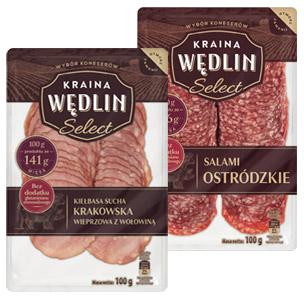 Kiełbasa Krakowska Sucha lub Salami Ostródzkie Kraina Wędlin Select, 100 g