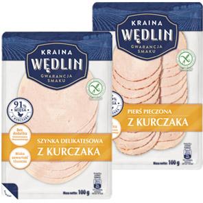 Szynka delikatesowa z kurczaka lub pierś pieczona Kraina Wędlin, 100 g