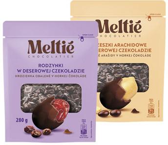 Orzeszki arachidowe lub rodzynki w czekoladzie Meltié, 280 g